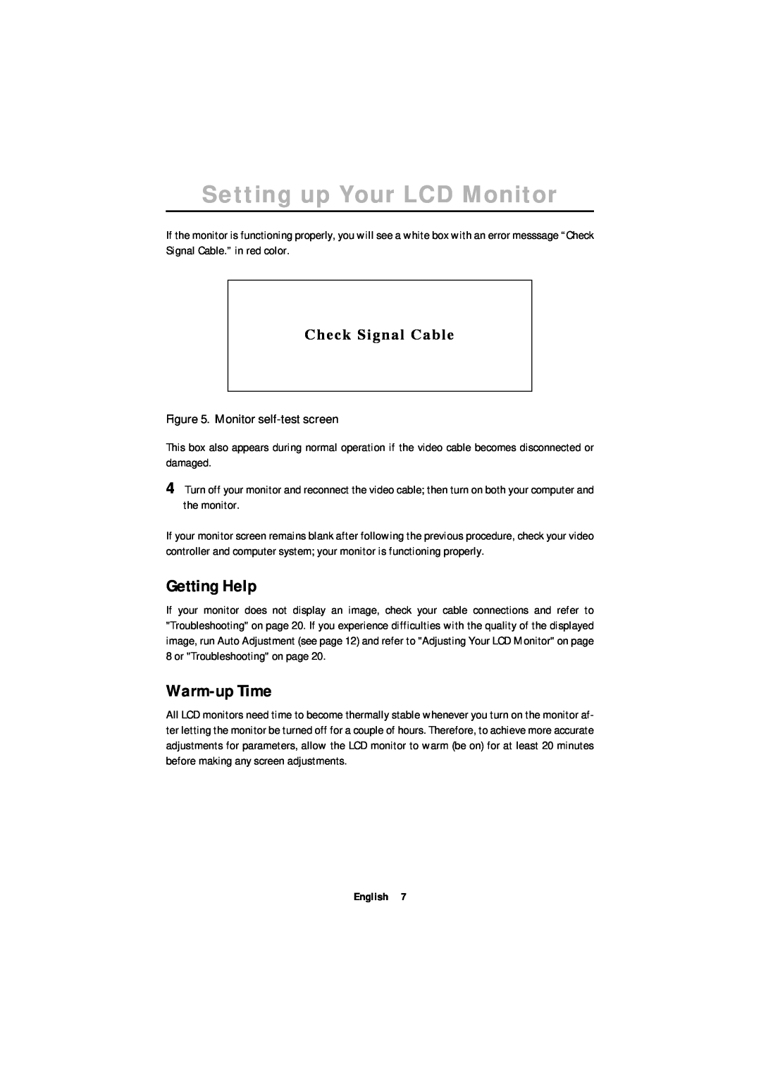 Samsung ML17XSSS, ML17ASSS/EDC, ML17ASSSS/EDC Getting Help, Warm-up Time, Setting up Your LCD Monitor, Check Signal Cable 