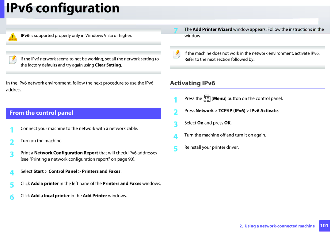 Samsung ML2165WXAA manual IPv6 configuration, Activating IPv6, From the control panel 