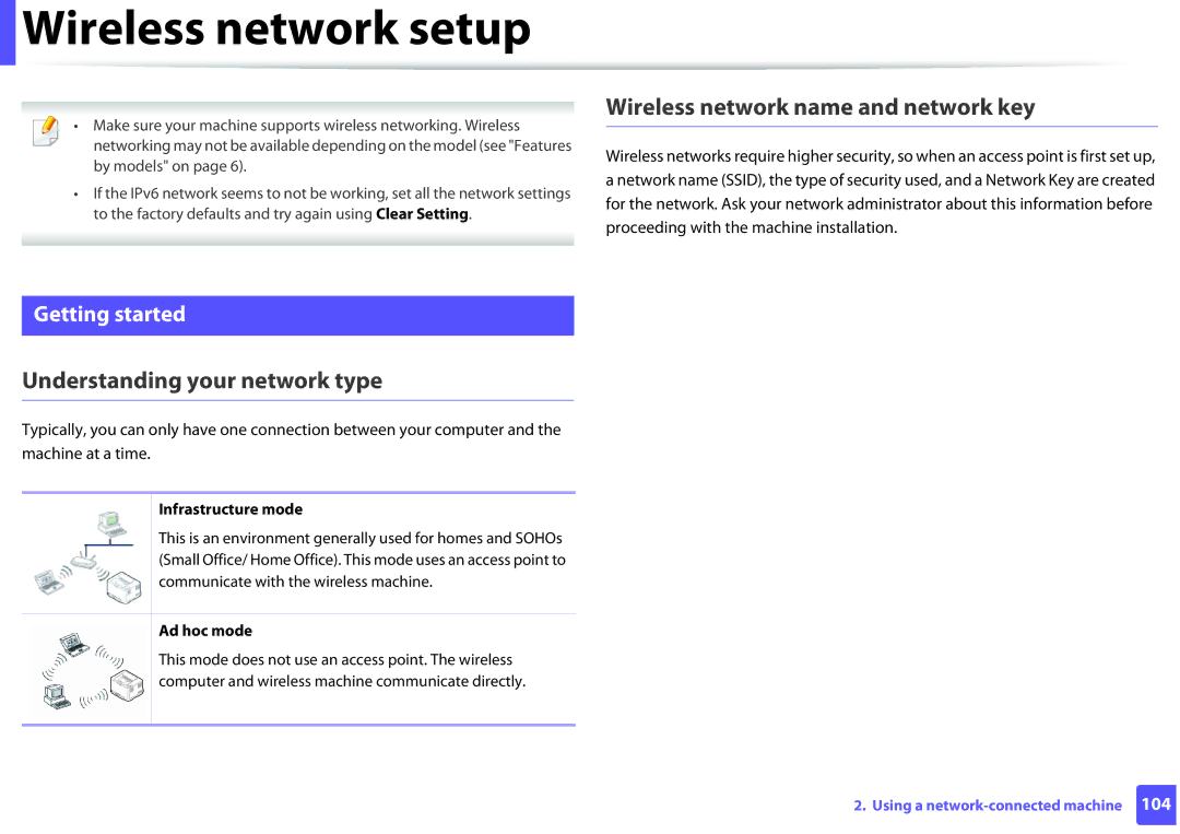 Samsung ML2165WXAA manual Wireless network setup, Wireless network name and network key, Understanding your network type 