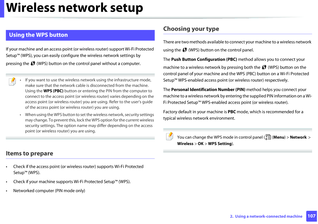 Samsung ML2165WXAA manual Items to prepare, Choosing your type, Using the WPS button, Wireless OK WPS Setting 