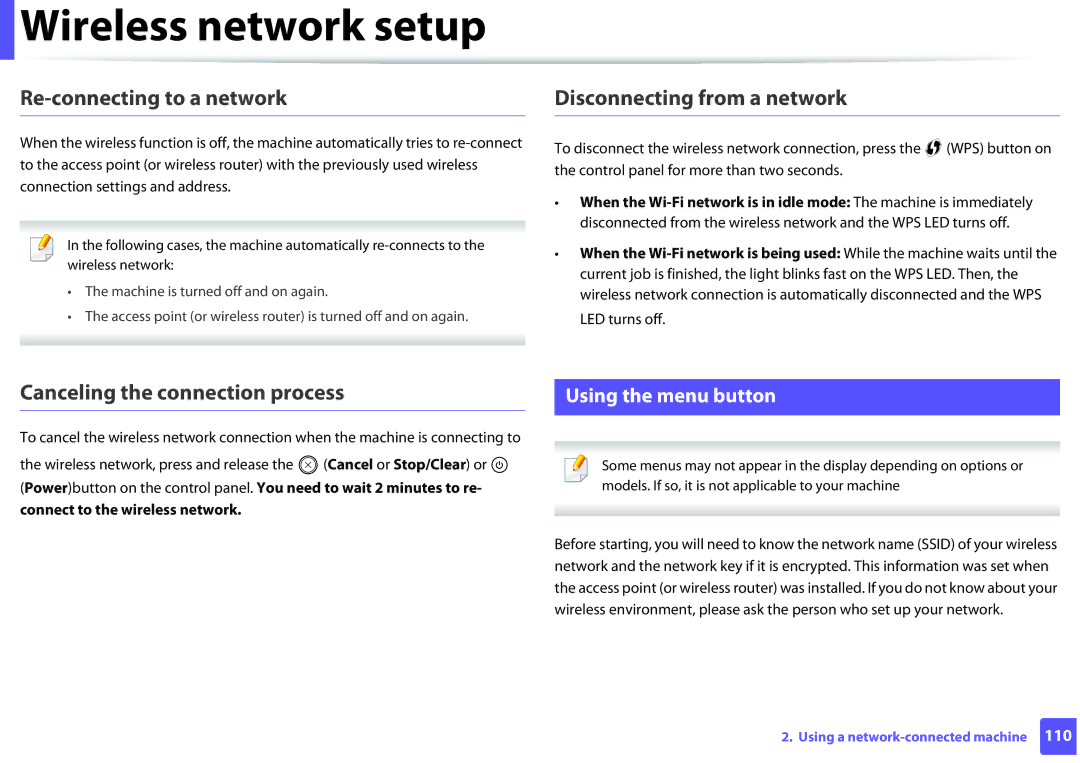 Samsung ML2165WXAA manual Re-connecting to a network, Disconnecting from a network, Canceling the connection process 