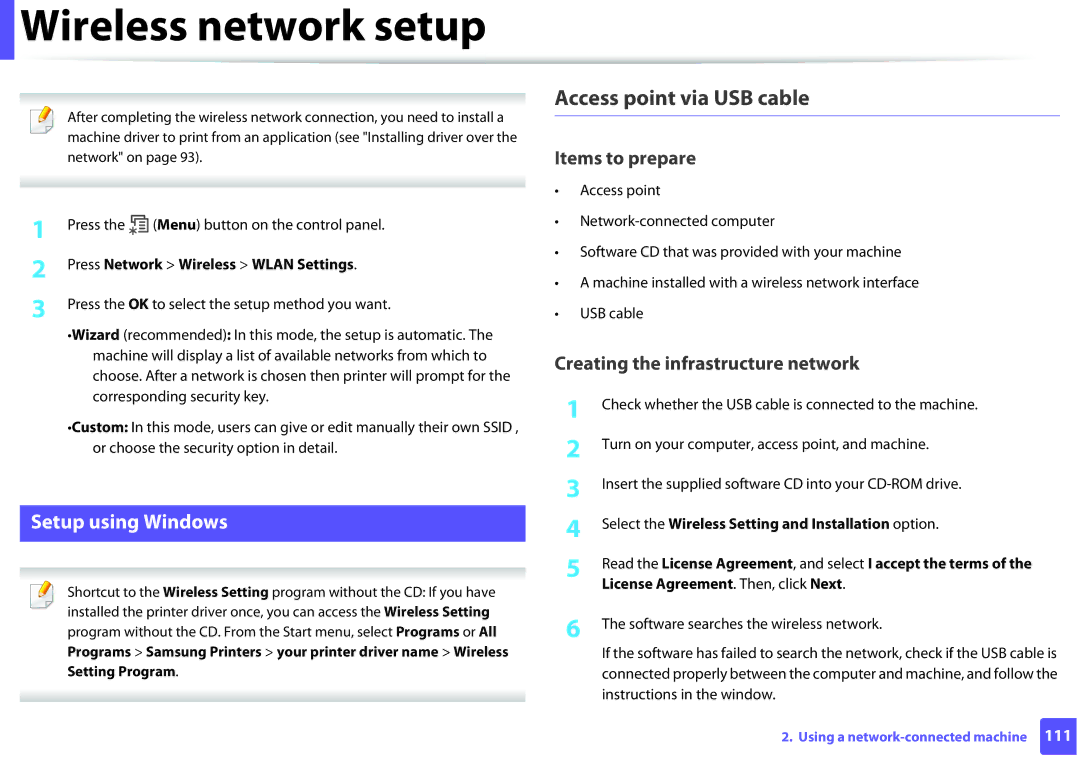 Samsung ML2165WXAA manual Access point via USB cable, Setup using Windows, Press Network Wireless Wlan Settings 