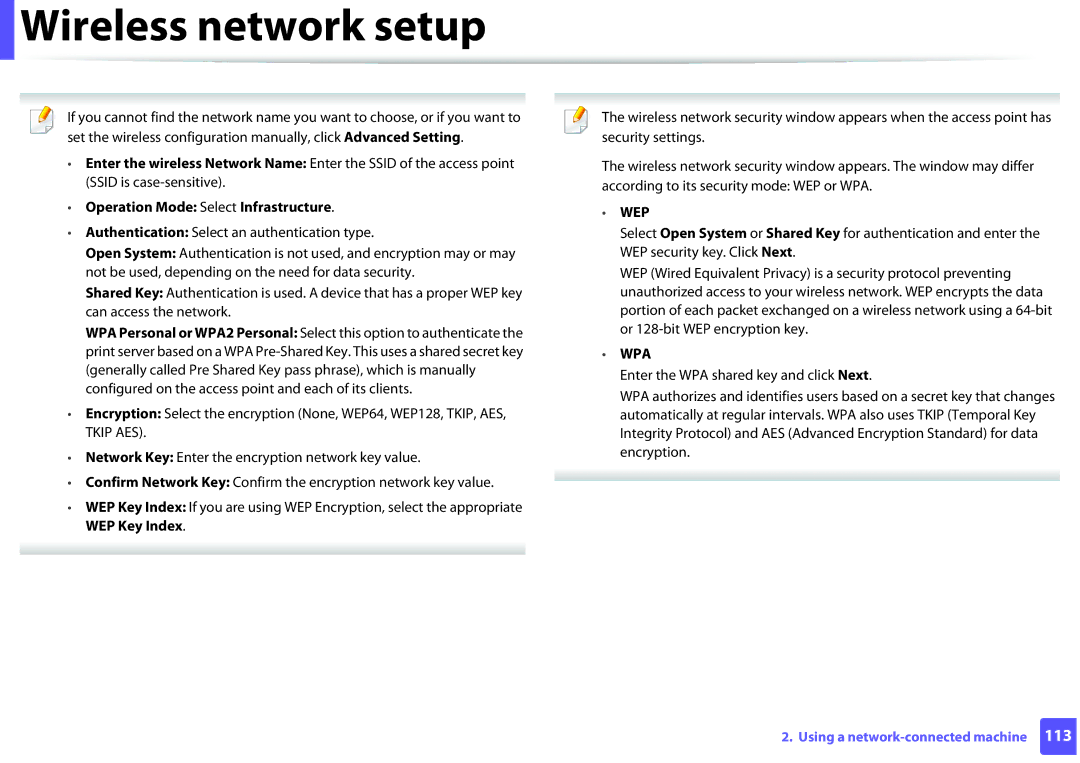 Samsung ML2165WXAA manual Operation Mode Select Infrastructure, Wep 