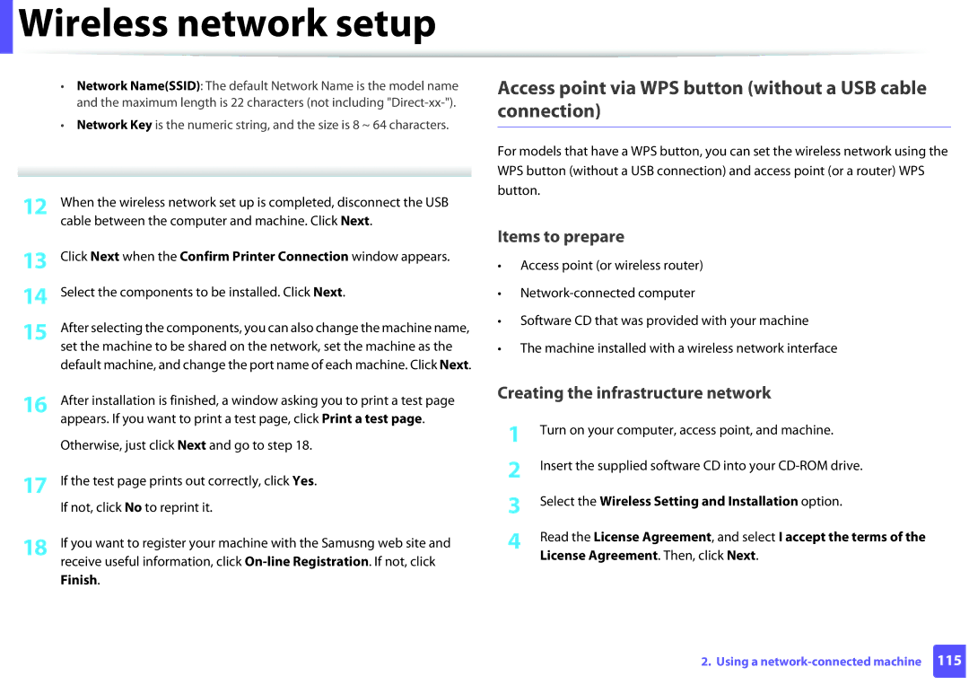 Samsung ML2165WXAA manual Access point via WPS button without a USB cable connection, Finish 