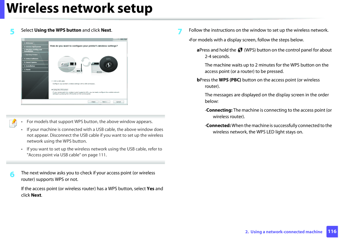 Samsung ML2165WXAA Select Using the WPS button and click Next, For models with a display screen, follow the steps below 