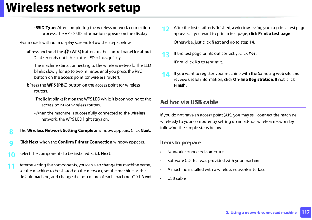 Samsung ML2165WXAA manual Ad hoc via USB cable 