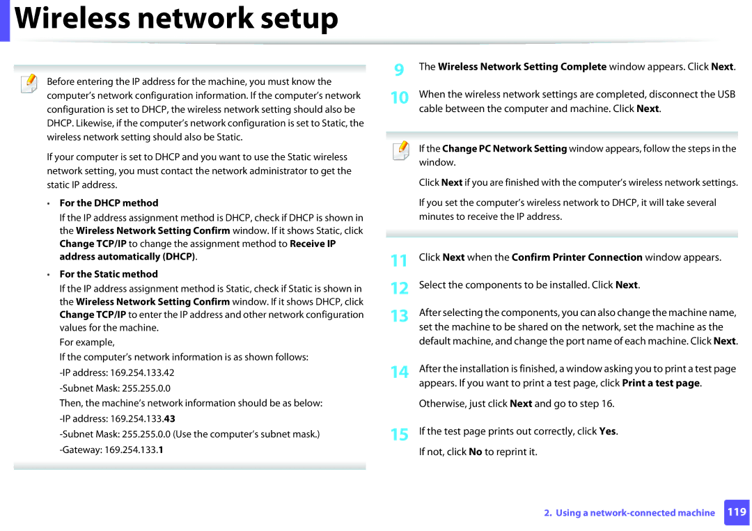 Samsung ML2165WXAA manual For the Dhcp method, For the Static method 