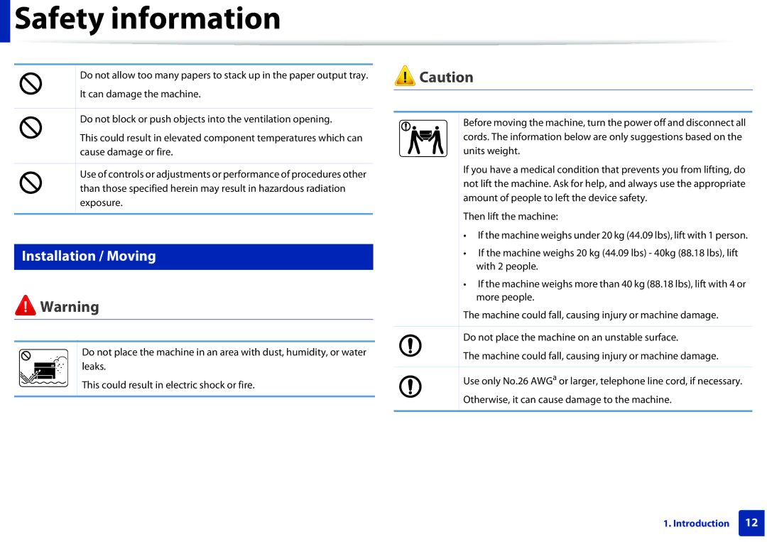 Samsung ML2165WXAA manual Installation / Moving 