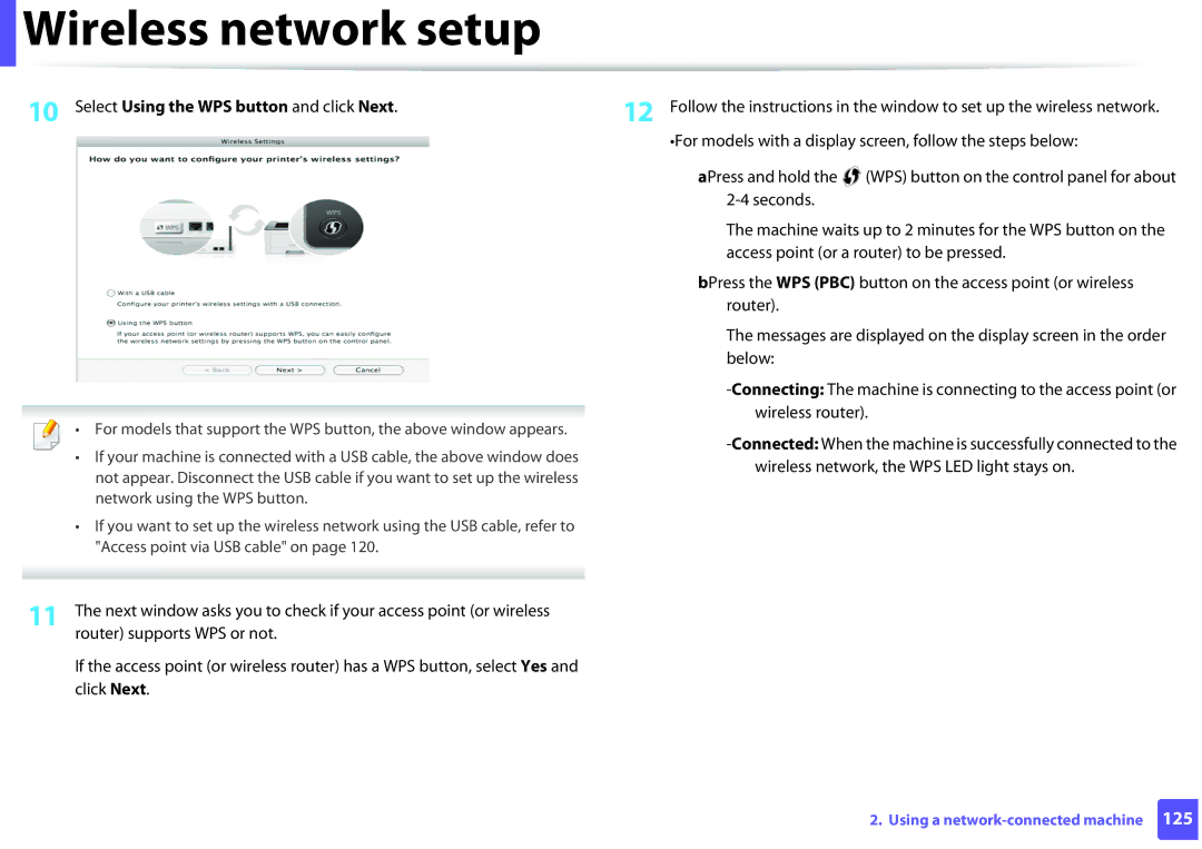 Samsung ML2165WXAA manual Select Using the WPS button and click Next 