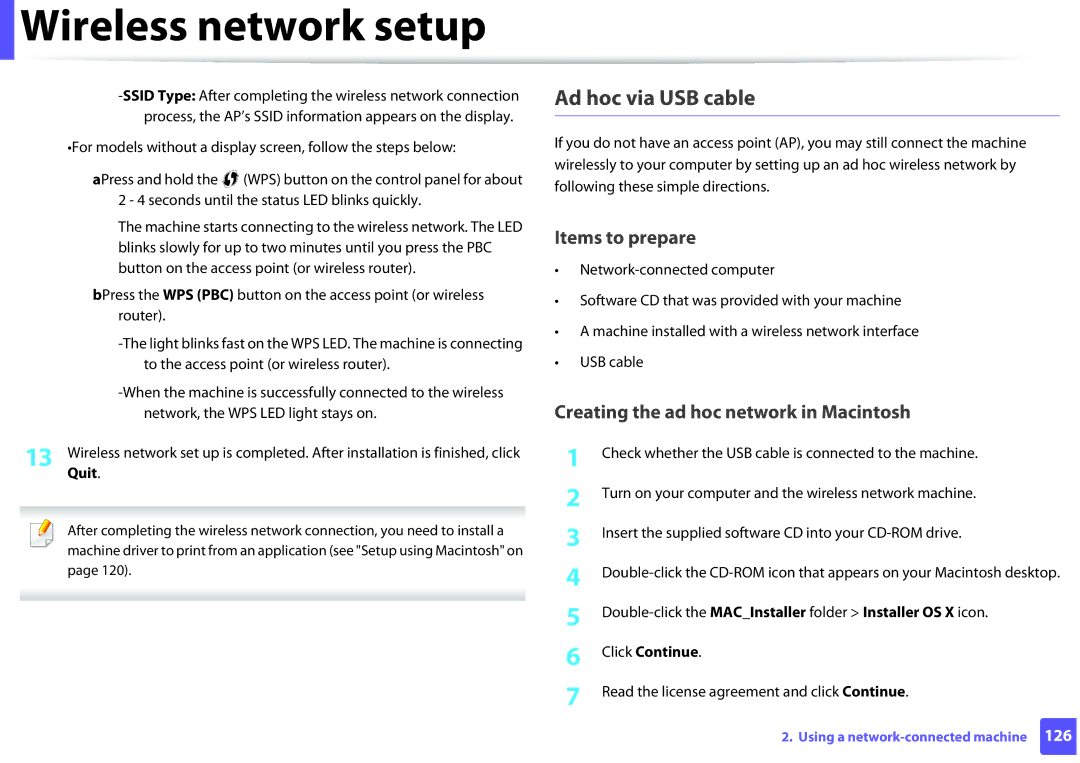 Samsung ML2165WXAA manual Creating the ad hoc network in Macintosh, Read the license agreement and click Continue 