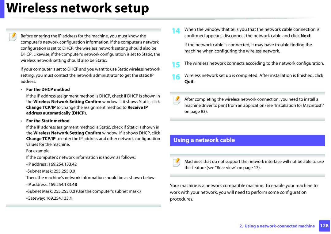 Samsung ML2165WXAA manual Using a network cable, Machine when configuring the wireless network, Quit 