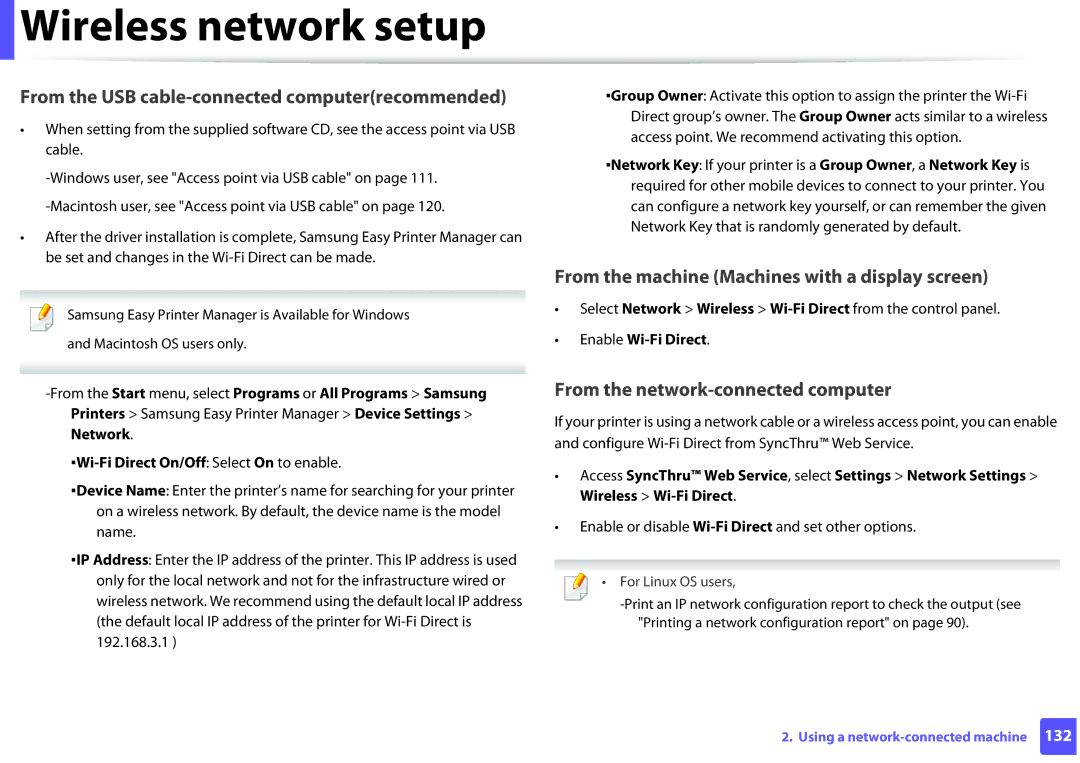 Samsung ML2165WXAA Wi-Fi Direct On/Off Select On to enable, Select Network Wireless Wi-Fi Direct from the control panel 