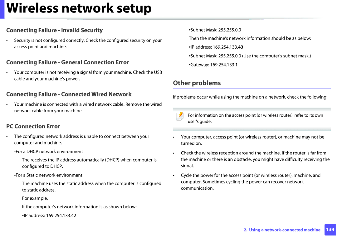 Samsung ML2165WXAA manual Other problems, Connecting Failure Invalid Security 