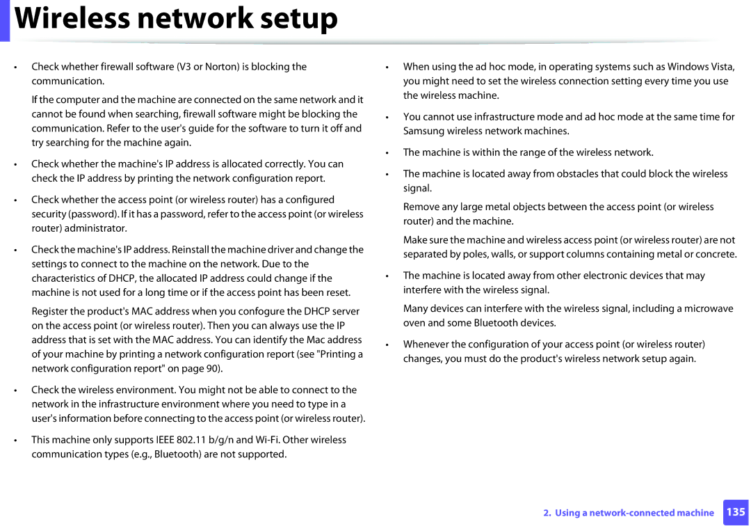 Samsung ML2165WXAA manual Wireless network setup 