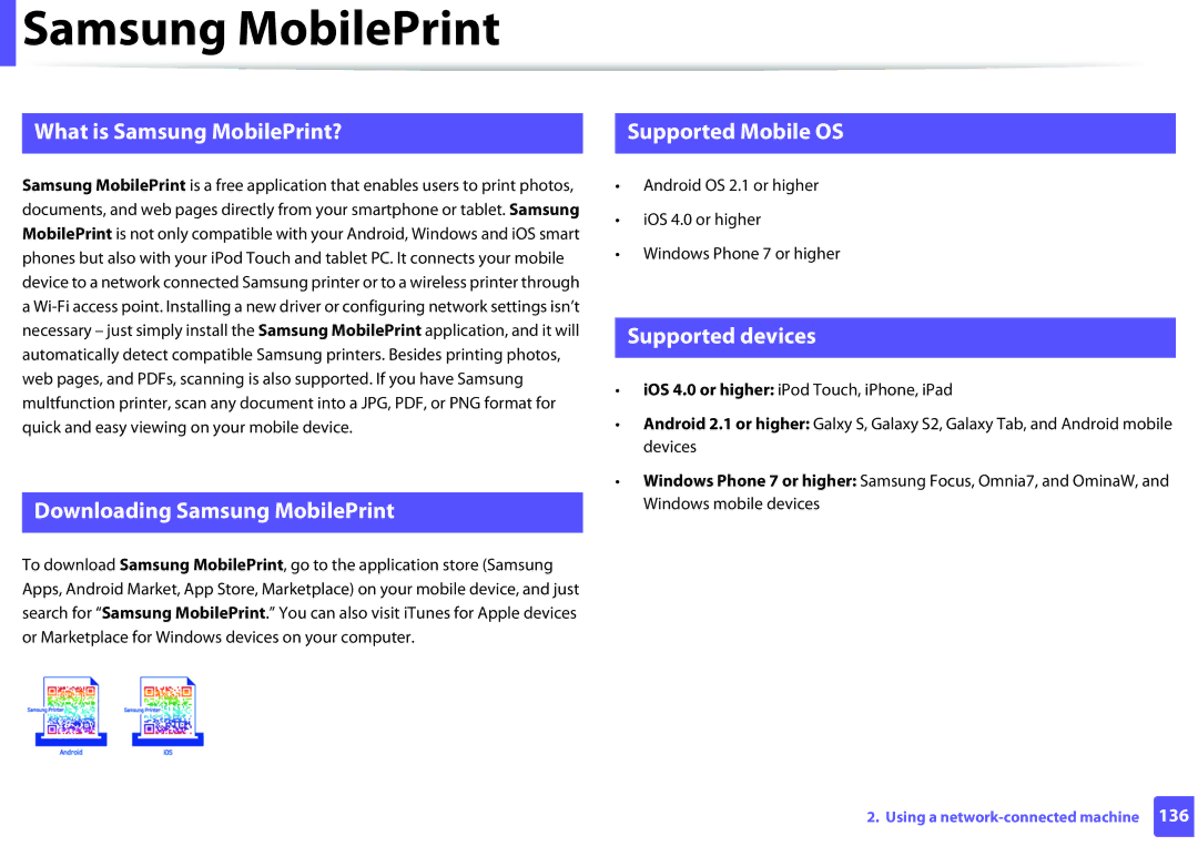 Samsung ML2165WXAA manual Samsung MobilePrint, Supported Mobile OS, Supported devices 