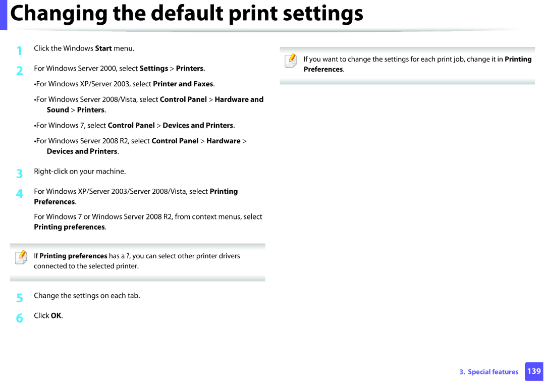 Samsung ML2165WXAA manual Change the settings on each tab Click OK, Preferences, If Printing preferences 