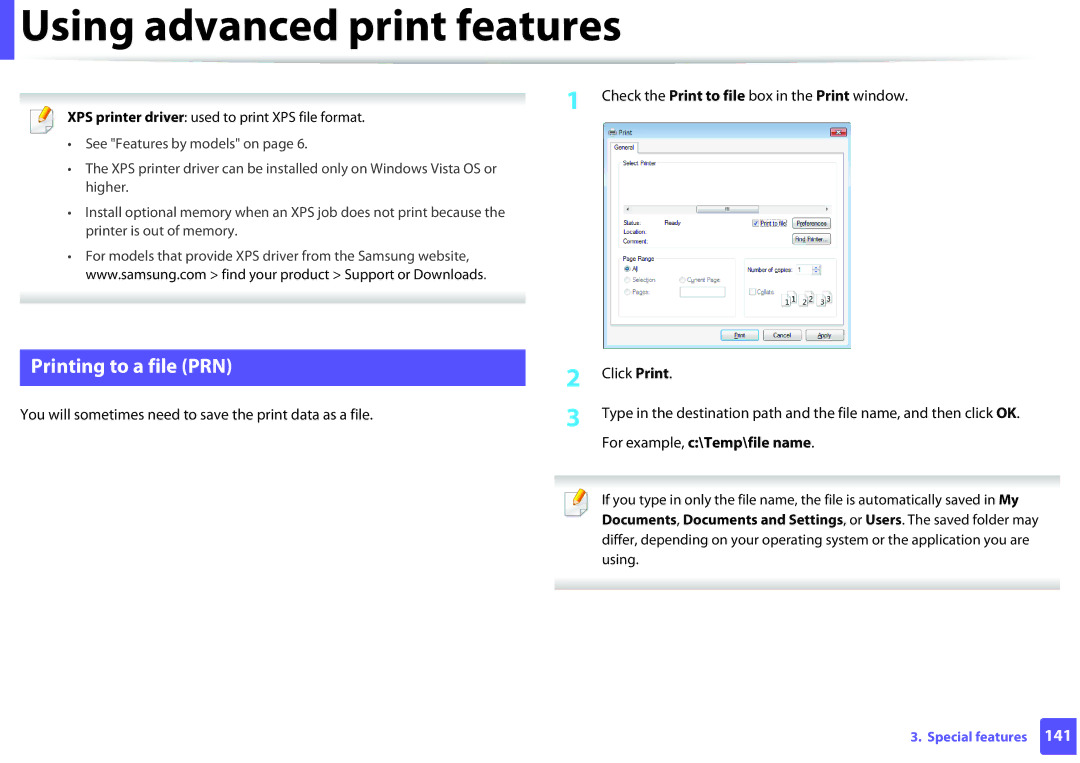 Samsung ML2165WXAA Using advanced print features, Printing to a file PRN, Check the Print to file box in the Print window 