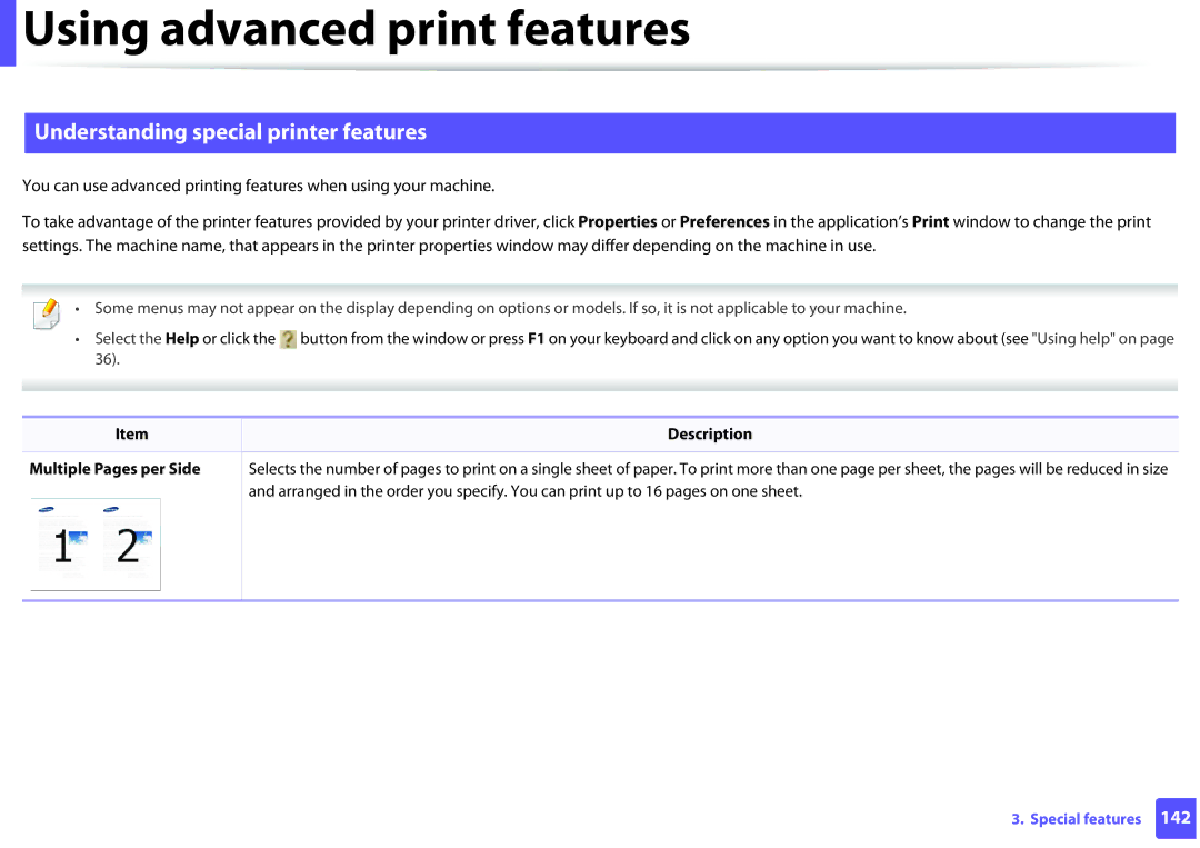 Samsung ML2165WXAA manual Understanding special printer features, Multiple Pages per Side 