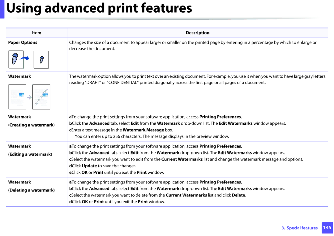 Samsung ML2165WXAA manual Creating a watermark, Editing a watermark, Deleting a watermark 