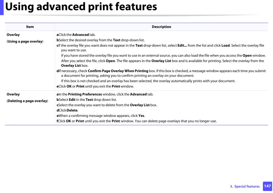 Samsung ML2165WXAA manual Using a page overlay, Overlay List box, Click Delete 