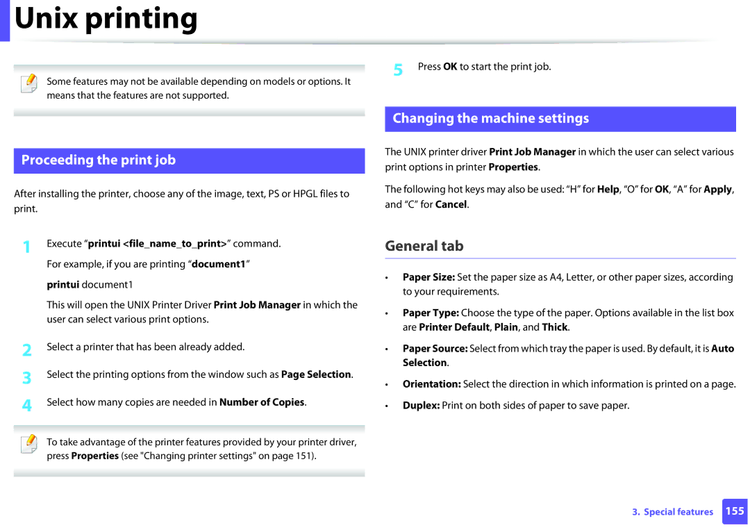 Samsung ML2165WXAA manual Unix printing, General tab, Proceeding the print job, Changing the machine settings 