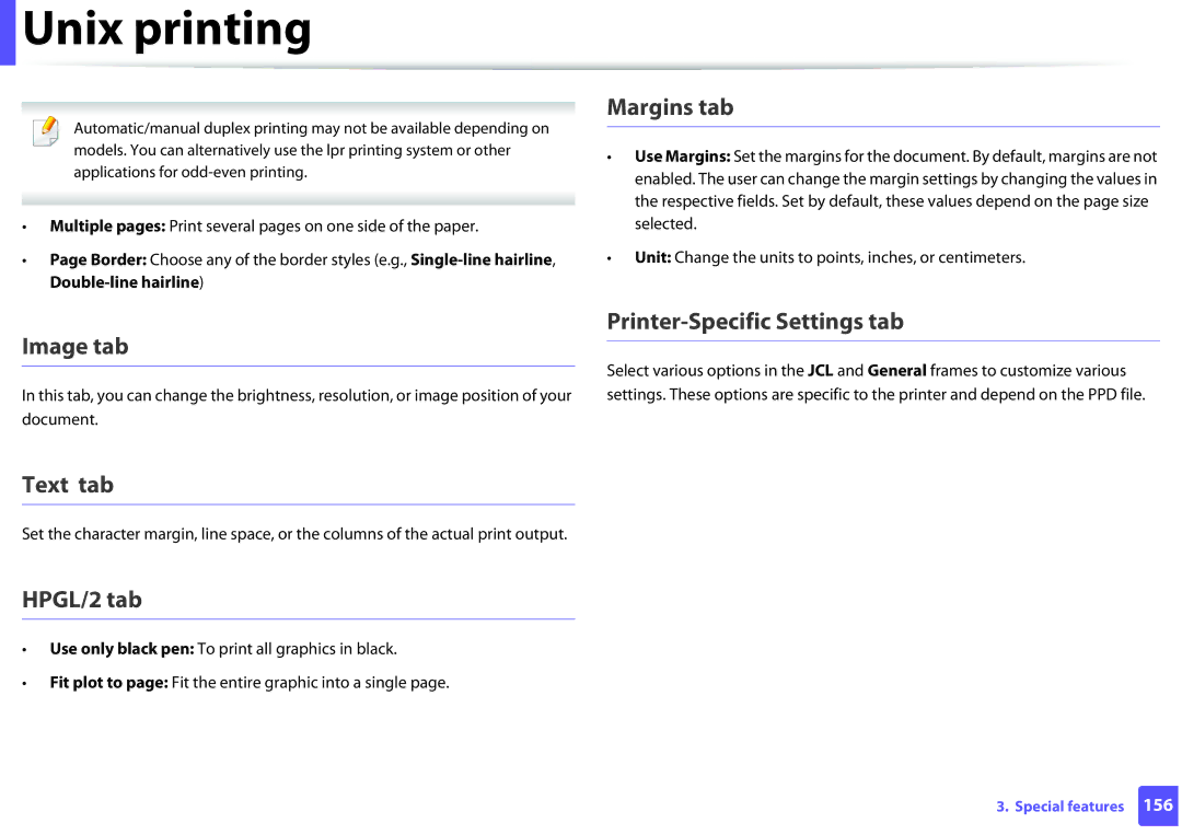 Samsung ML2165WXAA manual Margins tab, Image tab, Text tab, HPGL/2 tab, Printer-Specific Settings tab 