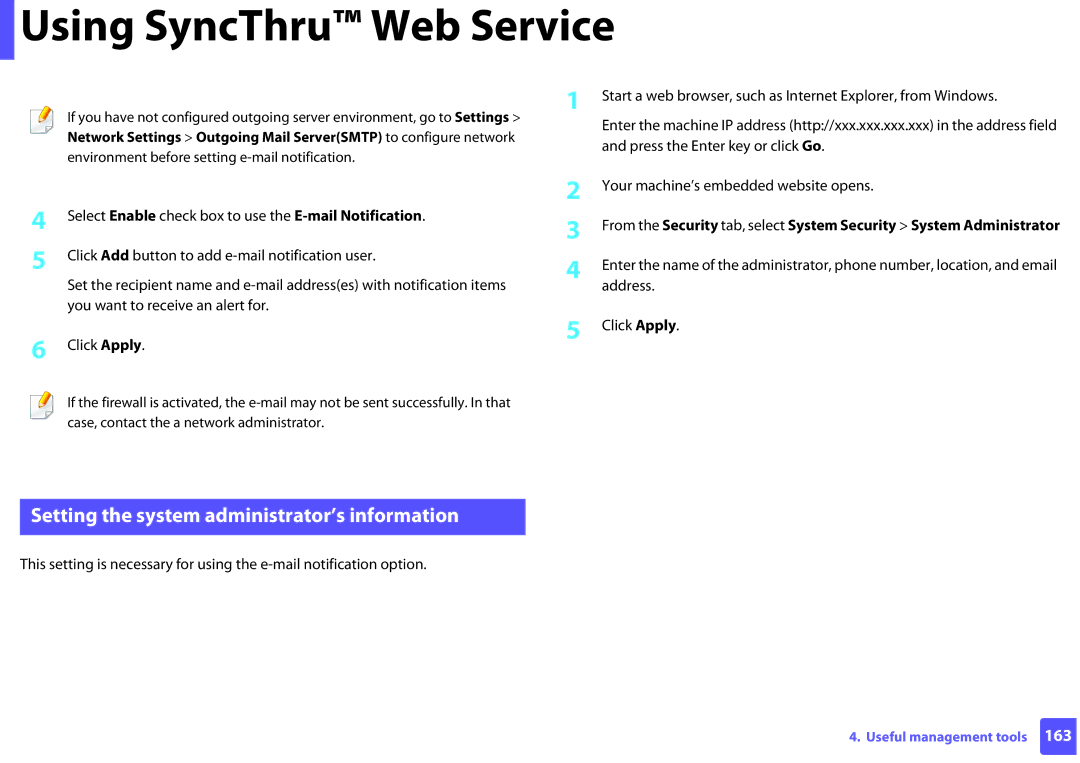 Samsung ML2165WXAA manual Setting the system administrator’s information 