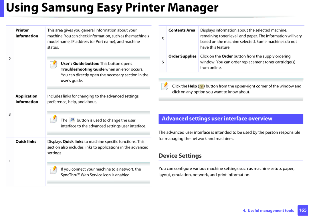 Samsung ML2165WXAA manual Device Settings, Advanced settings user interface overview 