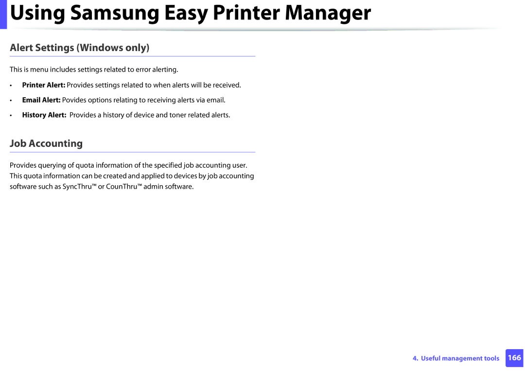 Samsung ML2165WXAA manual Alert Settings Windows only, Job Accounting 