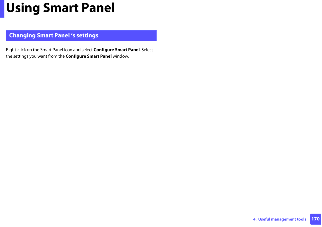 Samsung ML2165WXAA manual Changing Smart Panel ‘s settings 