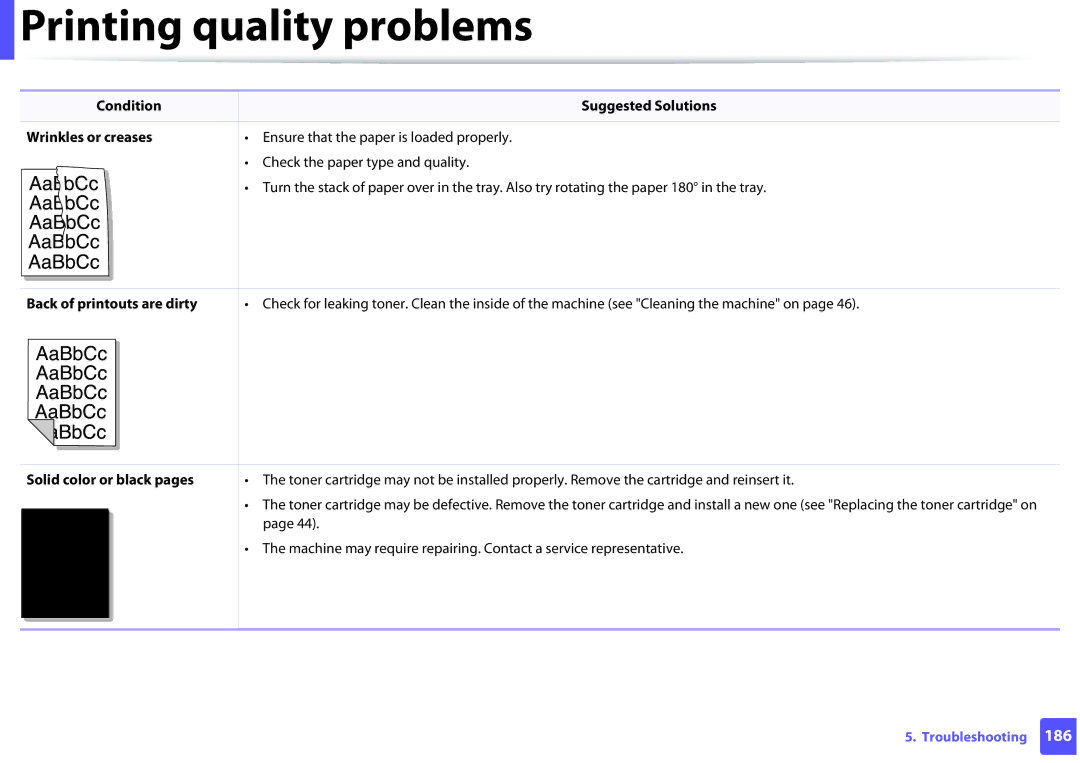 Samsung ML2165WXAA manual Condition Suggested Solutions Wrinkles or creases, Back of printouts are dirty 