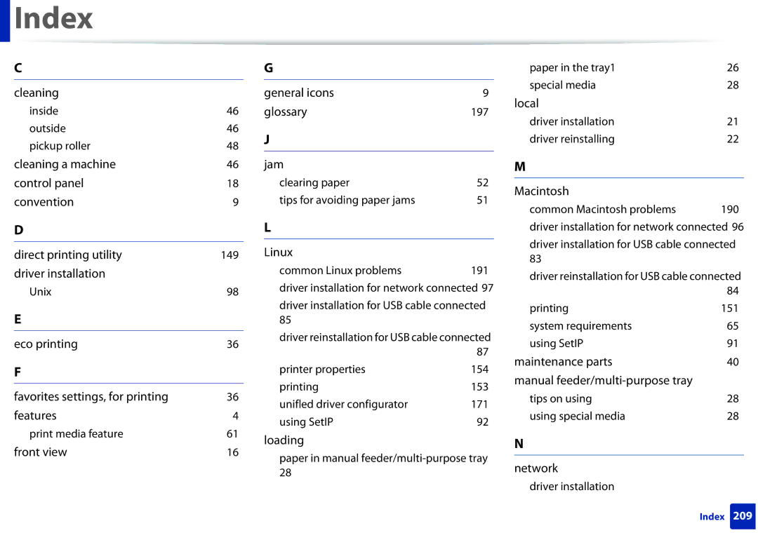 Samsung ML2165WXAA manual Index, Driver reinstallation for USB cable connected 