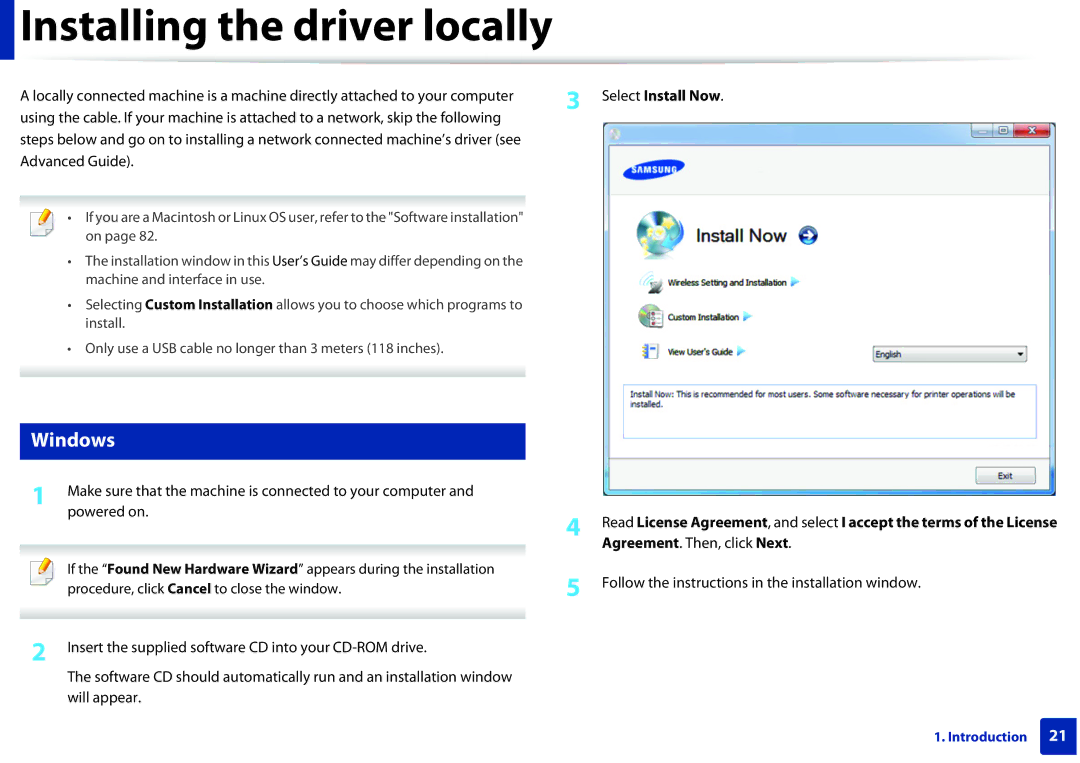 Samsung ML2165WXAA manual Installing the driver locally, Windows, Select Install Now 