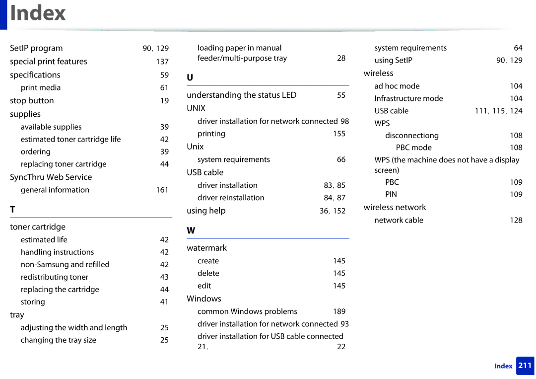 Samsung ML2165WXAA manual Toner cartridge, PIN wireless network 