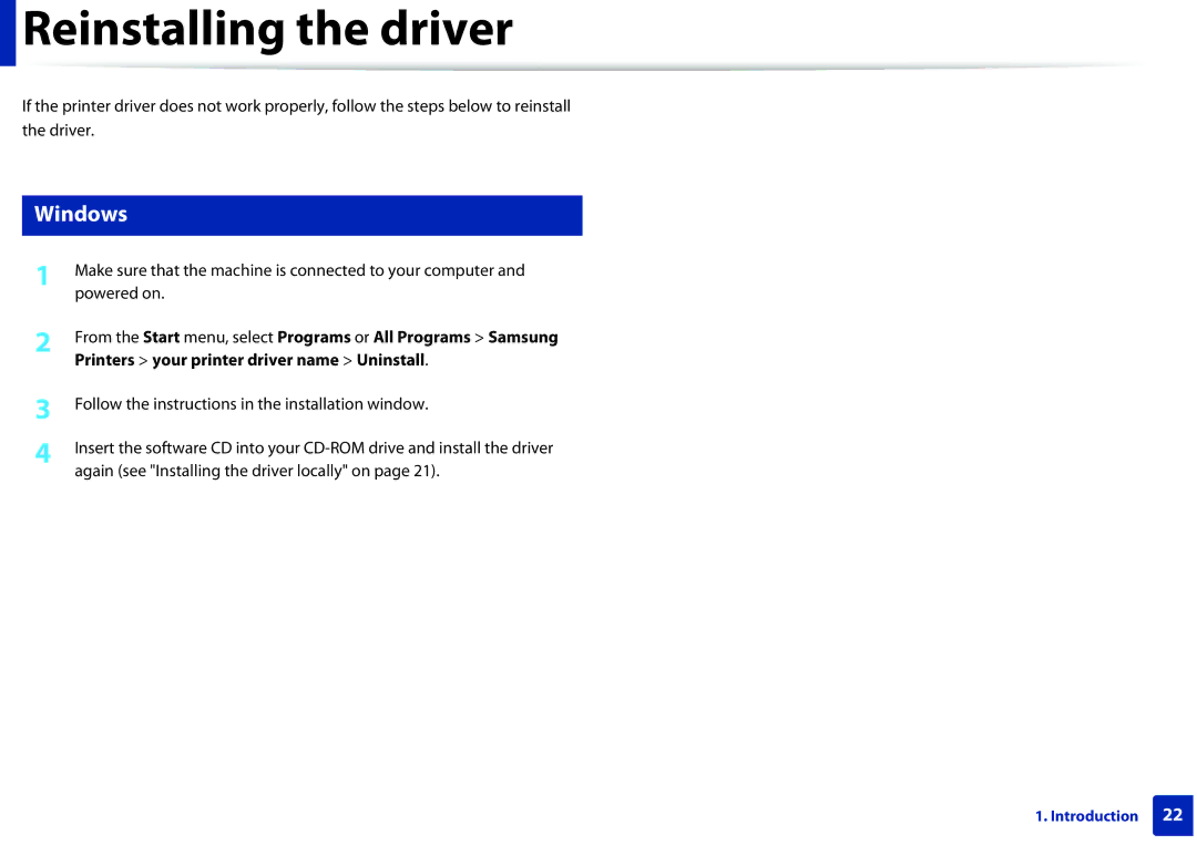 Samsung ML2165WXAA manual Reinstalling the driver 