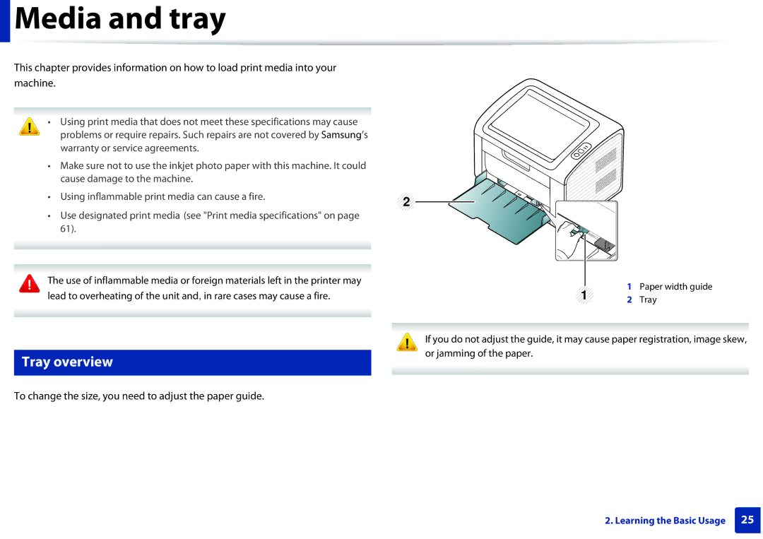 Samsung ML2165WXAA manual Media and tray, Tray overview, To change the size, you need to adjust the paper guide 