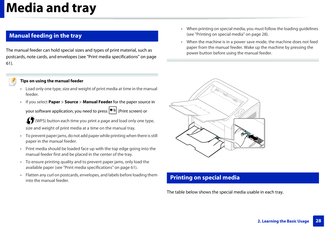 Samsung ML2165WXAA Manual feeding in the tray, Printing on special media, Tips on using the manual feeder 