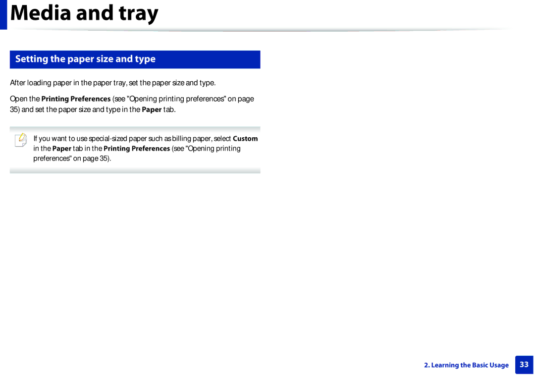 Samsung ML2165WXAA manual Setting the paper size and type 