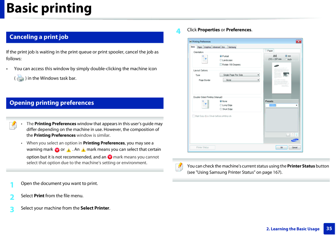 Samsung ML2165WXAA manual Canceling a print job, Opening printing preferences, Click Properties or Preferences 