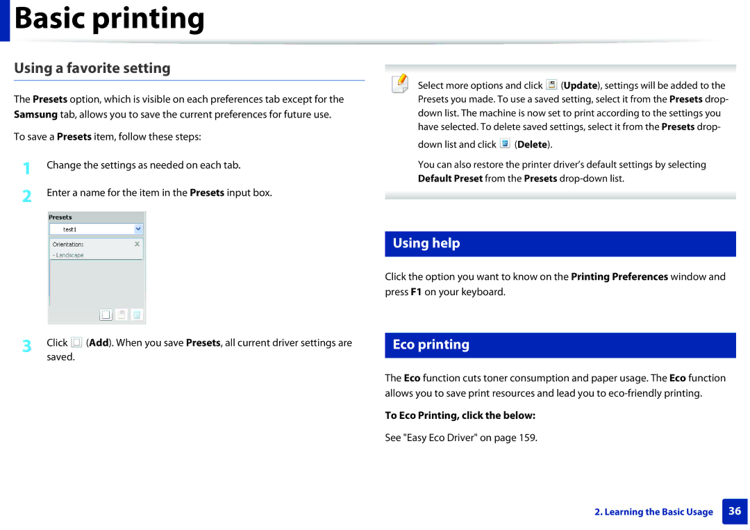 Samsung ML2165WXAA manual Using a favorite setting, Using help, Eco printing, To Eco Printing, click the below 