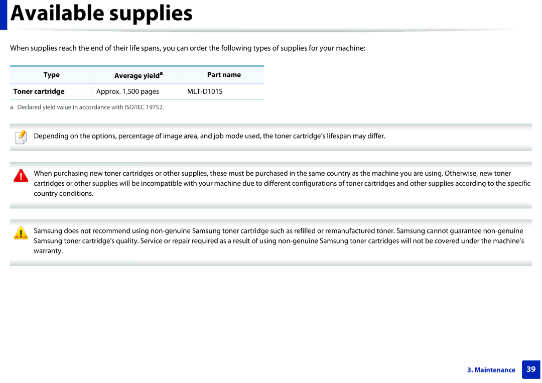 Samsung ML2165WXAA manual Available supplies 