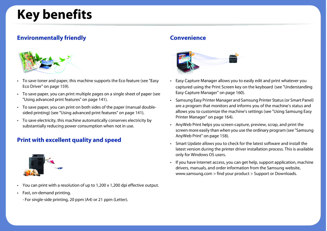 Samsung ML2165WXAA manual Key benefits, Environmentally friendly Convenience 