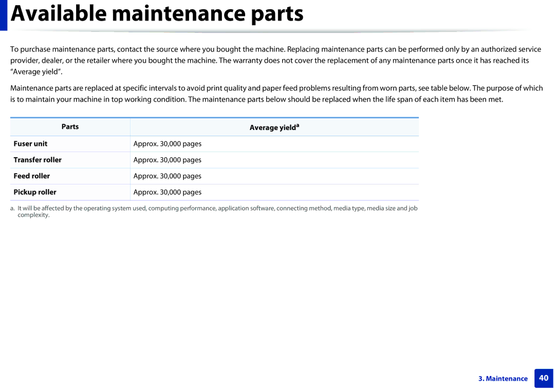 Samsung ML2165WXAA manual Available maintenance parts 