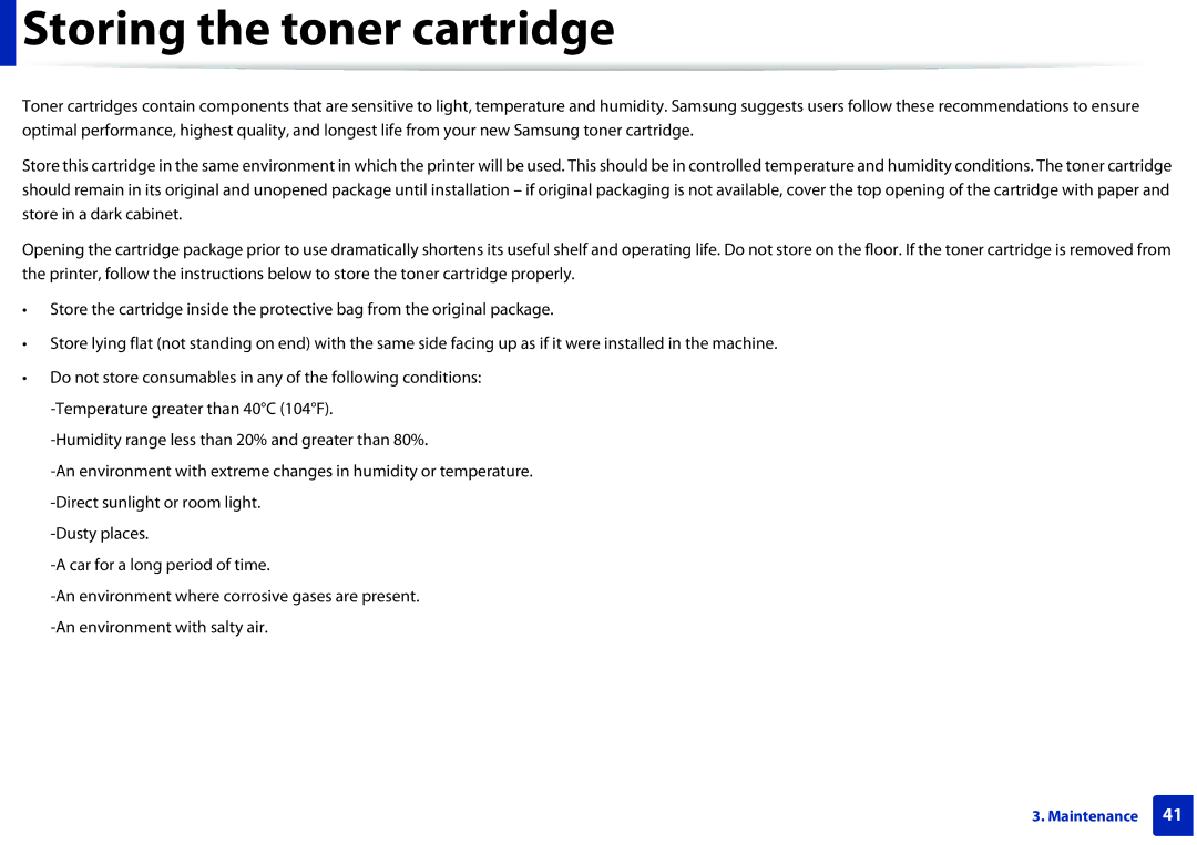 Samsung ML2165WXAA manual Storing the toner cartridge 