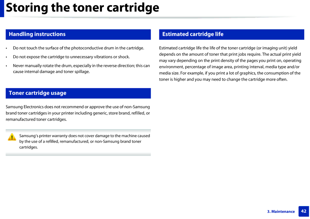 Samsung ML2165WXAA manual Handling instructions, Estimated cartridge life, Toner cartridge usage 