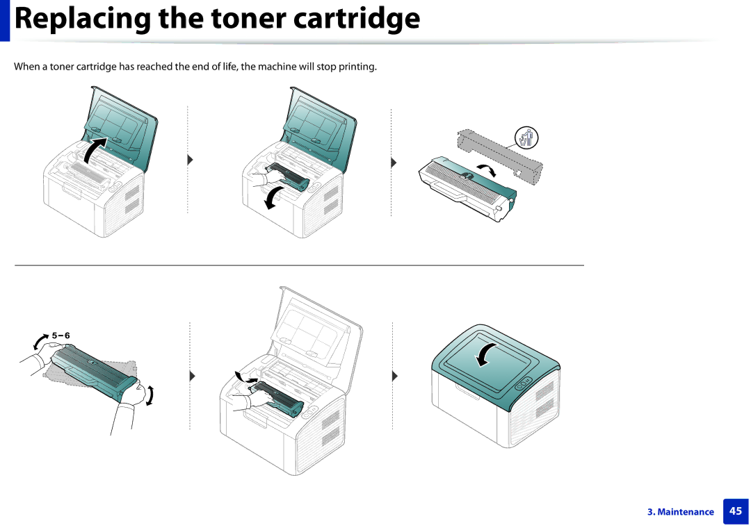 Samsung ML2165WXAA manual Replacing the toner cartridge 