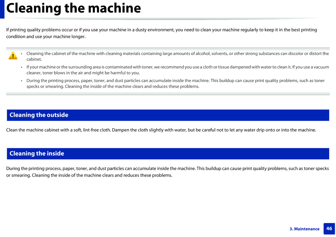 Samsung ML2165WXAA manual Cleaning the machine, Cleaning the outside, Cleaning the inside 