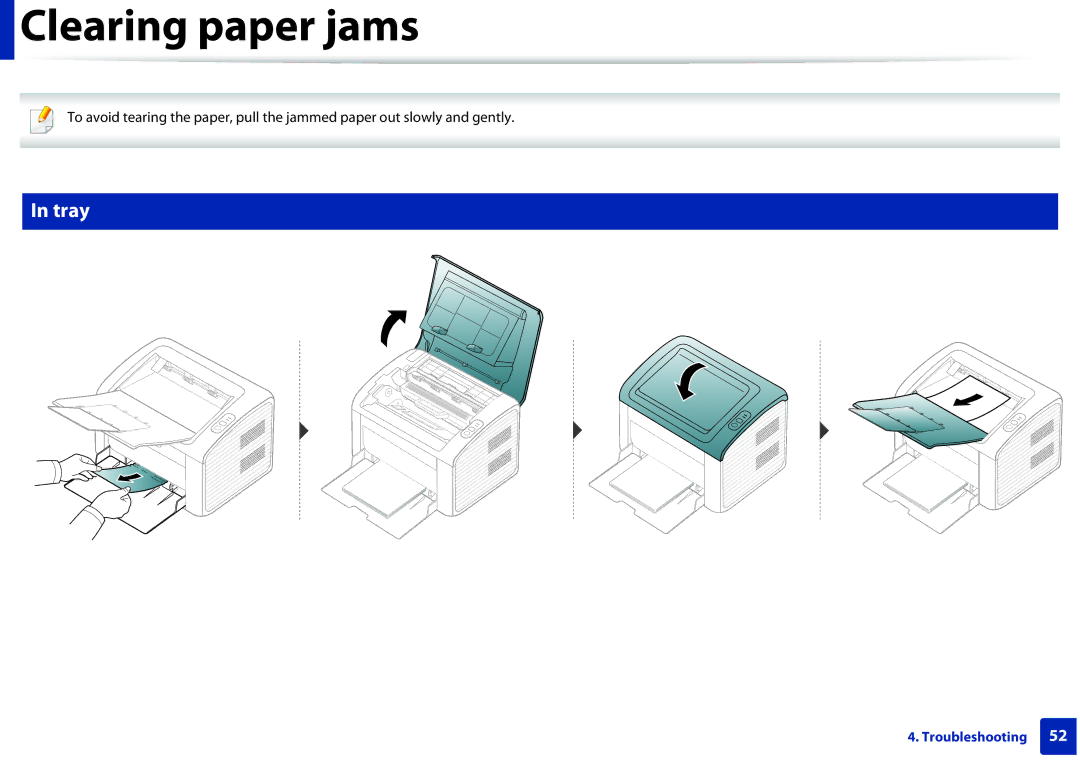 Samsung ML2165WXAA manual Clearing paper jams, Tray 