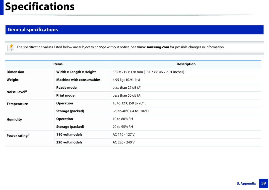 Samsung ML2165WXAA manual Specifications, General specifications 