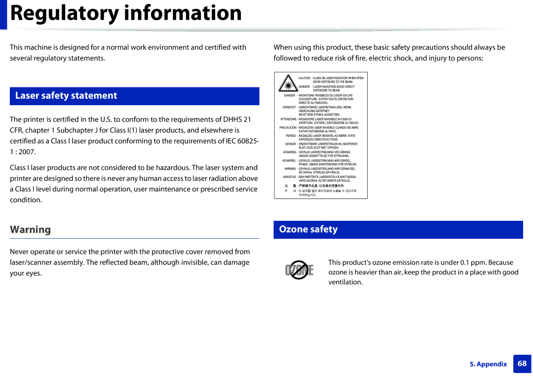 Samsung ML2165WXAA manual Regulatory information, Laser safety statement, Ozone safety 